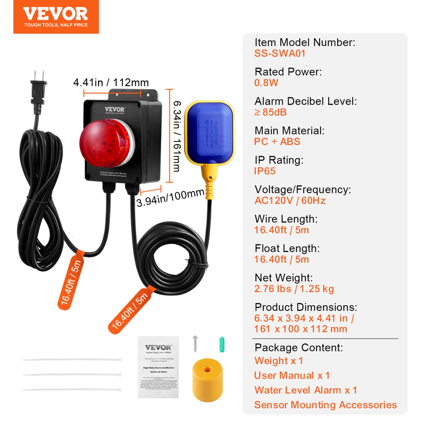 VEVOR 16.4ft Sump Pump Alarm,High Water Septic Tank Alarm With Float Sensor, Level Float Switch,Loud Alarm & LED Indicator, For Sewage Pits,