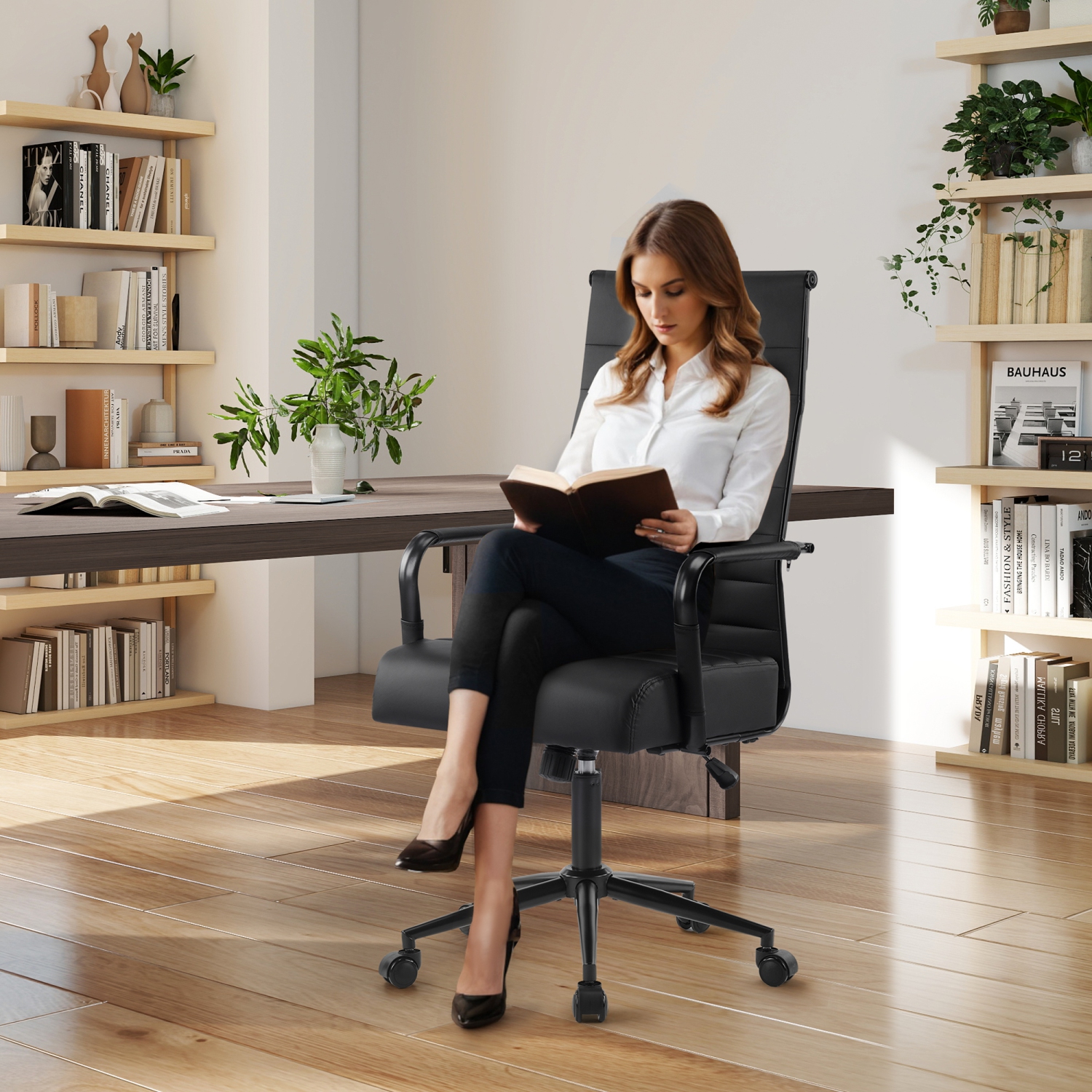 U-HOMY Executive Office Chair - Ergonomic High-Back Leather Desk Chair with Adjustable Height, Swivel & Wheels, Ribbed Design for Home & Conference