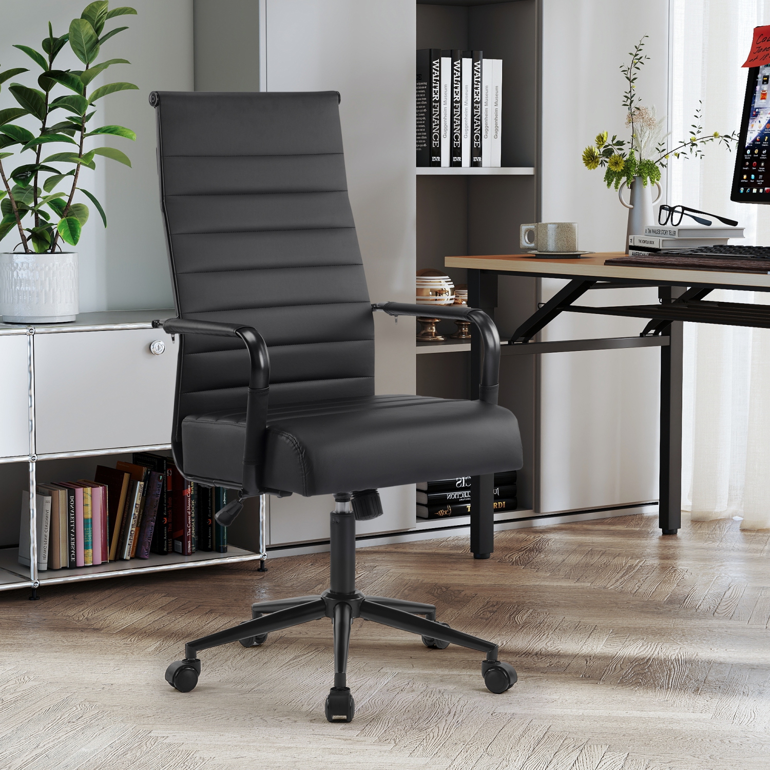 U-HOMY Executive Office Chair - Ergonomic High-Back Leather Desk Chair with Adjustable Height, Swivel & Wheels, Ribbed Design for Home & Conference