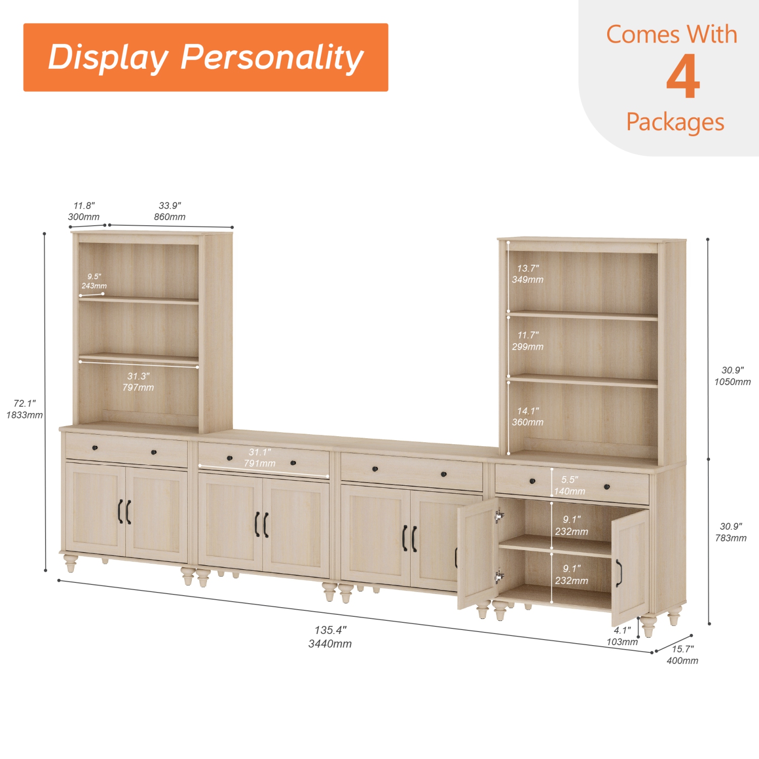 WAMPAT Entertainment Center with Bookshelves for TVs up to 75", Farmhouse TV Stand with 8 Doors & 4 Drawer, Media Console Table for Living Room,