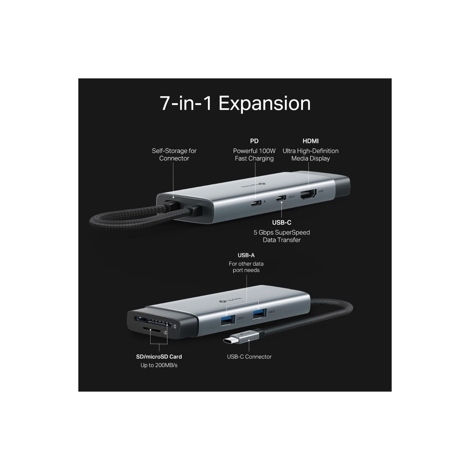 TP-Link 7-Port USB-C Hub - 4K HDMI, 100W PD Charging, 5Gbps Data, Dual SD/microSD Slots, Aluminum Case, Plug & Play