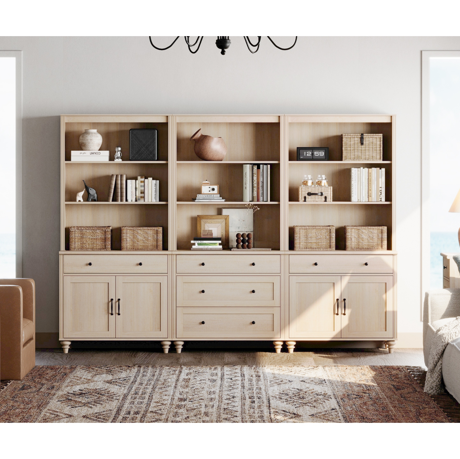 Grande bibliothèque WAMPAT avec 5 tiroirs et 2 armoires, tablettes ouvertes à 3 niveaux, grandes étagères en bois pour le salon, la chambre, le