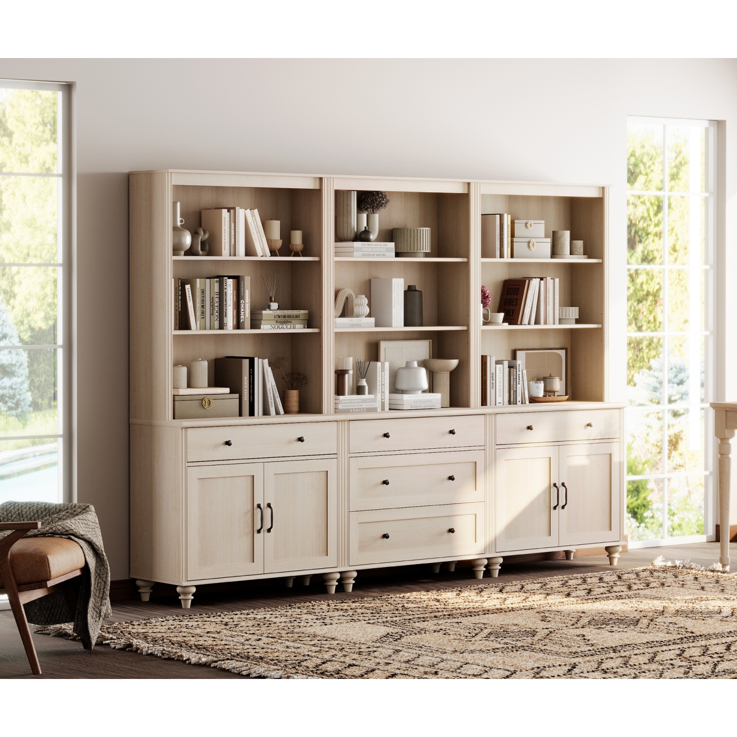 Grande bibliothèque WAMPAT avec 5 tiroirs et 2 armoires, tablettes ouvertes à 3 niveaux, grandes étagères en bois pour le salon, la chambre, le