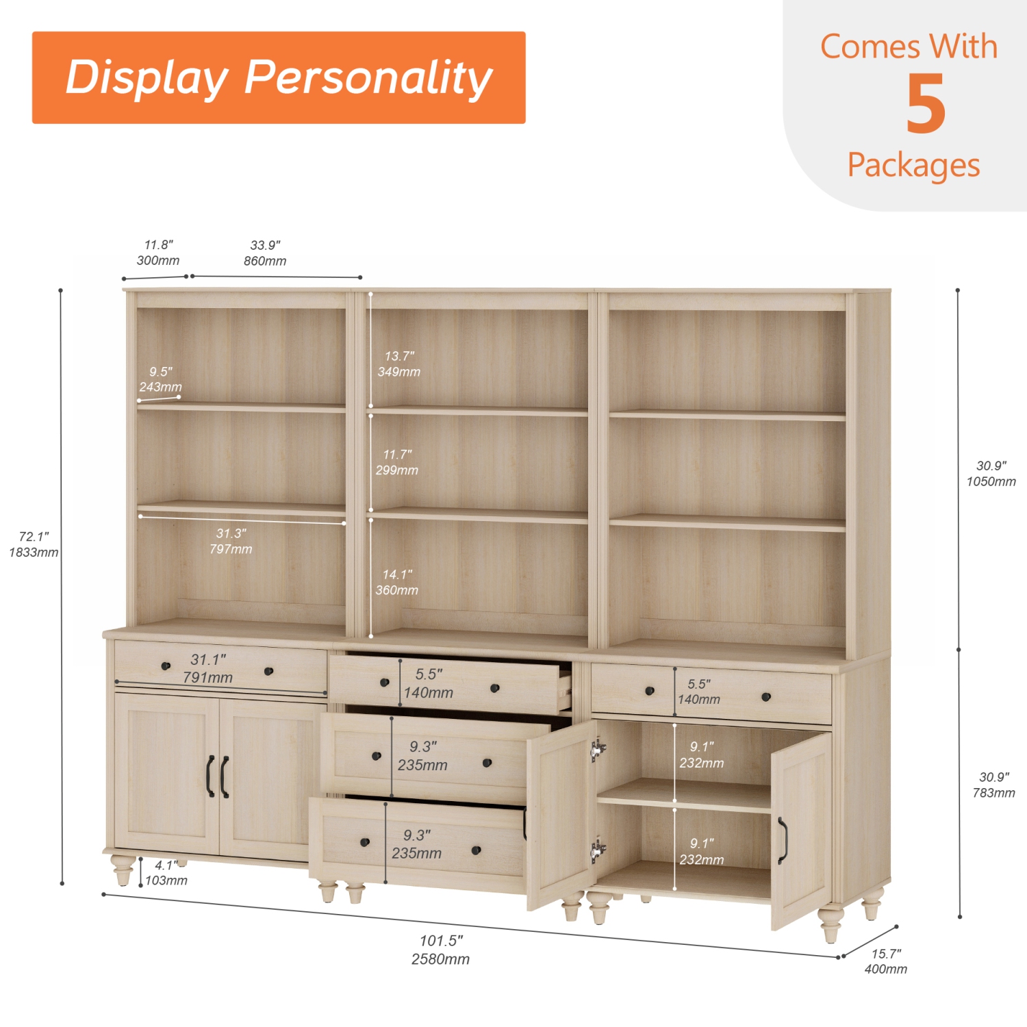 Grande bibliothèque WAMPAT avec 5 tiroirs et 2 armoires, tablettes ouvertes à 3 niveaux, grandes étagères en bois pour le salon, la chambre, le