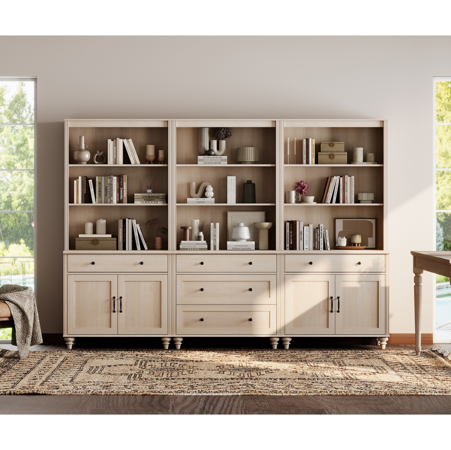 Grande bibliothèque WAMPAT avec 5 tiroirs et 2 armoires, tablettes ouvertes à 3 niveaux, grandes étagères en bois pour le salon, la chambre, le