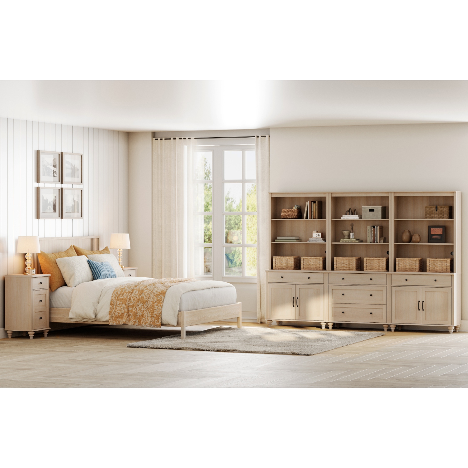 Grande bibliothèque WAMPAT avec 5 tiroirs et 2 armoires, tablettes ouvertes à 3 niveaux, grandes étagères en bois pour le salon, la chambre, le