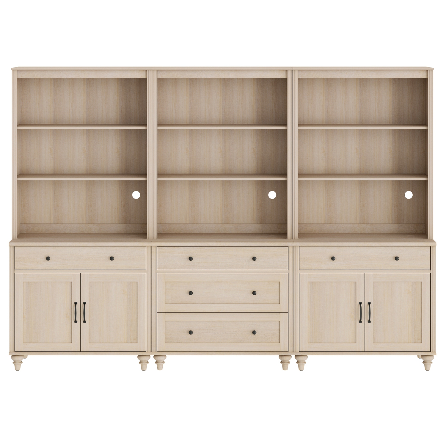 Grande bibliothèque WAMPAT avec 5 tiroirs et 2 armoires, tablettes ouvertes à 3 niveaux, grandes étagères en bois pour le salon, la chambre, le