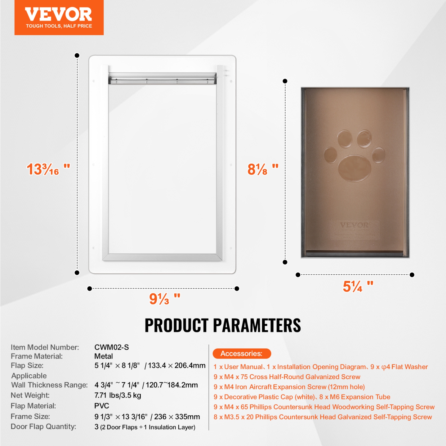 VEVOR 9.29" x 13.19" Pet Door, Metal&nbsp;Frame with Lock and&nbsp;3-Flap System, Weatherproof, Easy to Install in Interior or Exterior Walls,
