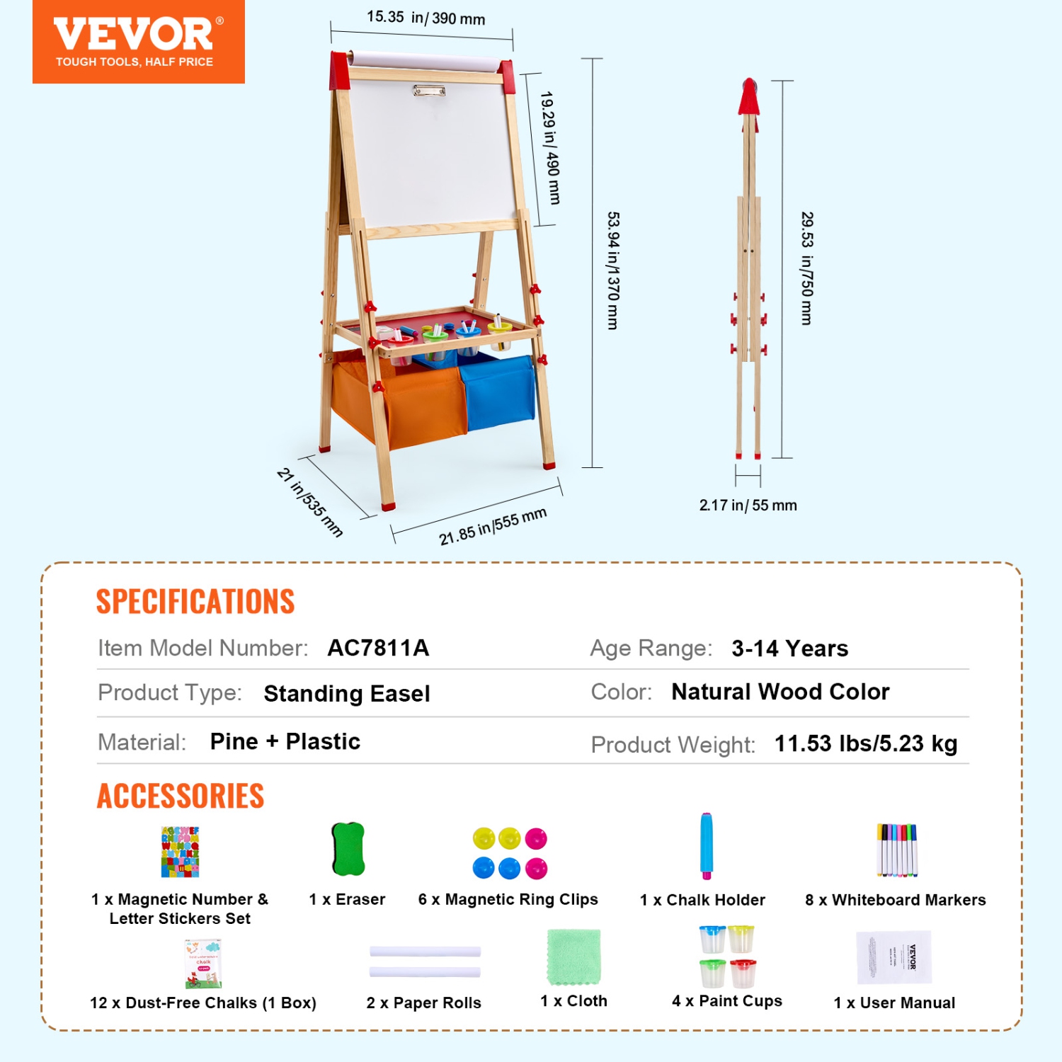 VEVOR 3-in-1 Wooden Double-Sided Kid's Art Easel with Magnetic Whiteboard,Chalkboard, Paper Roll, Adjustable Standing Drawing Board with Painting