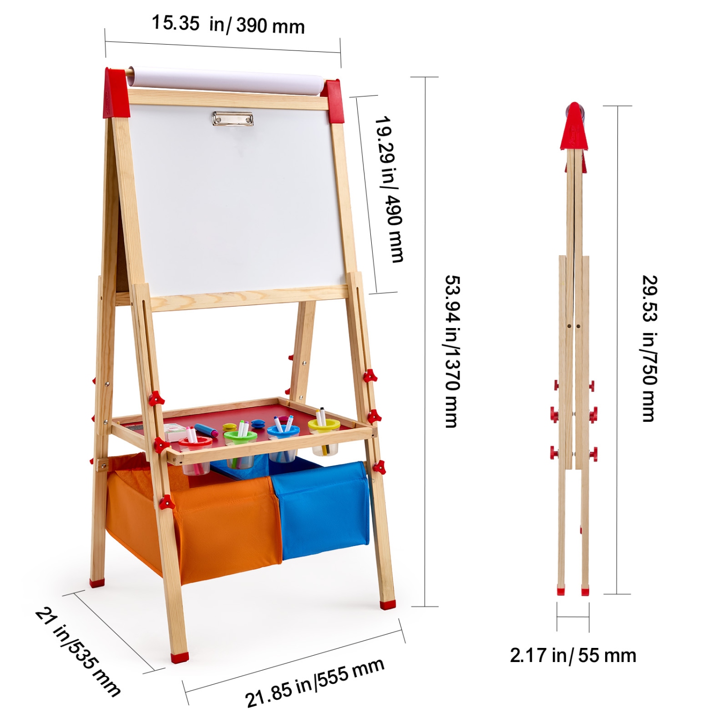 VEVOR 3-in-1 Wooden Double-Sided Kid's Art Easel with Magnetic Whiteboard,Chalkboard, Paper Roll, Adjustable Standing Drawing Board with Painting