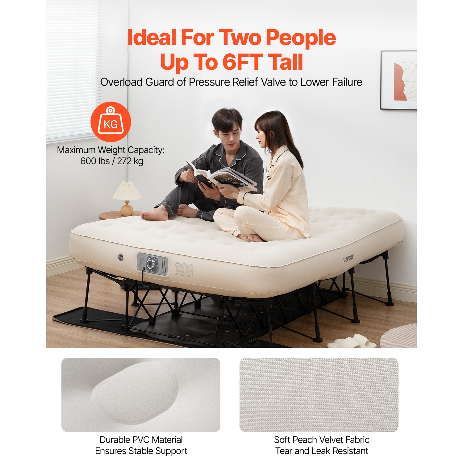 VEVOR 2 Person Air Mattress with Frame, Camping Cot with Built-in Pump, Portable Folding Air Beds Supports 600 lbs, Blow Up Anywhere Bed for Guests