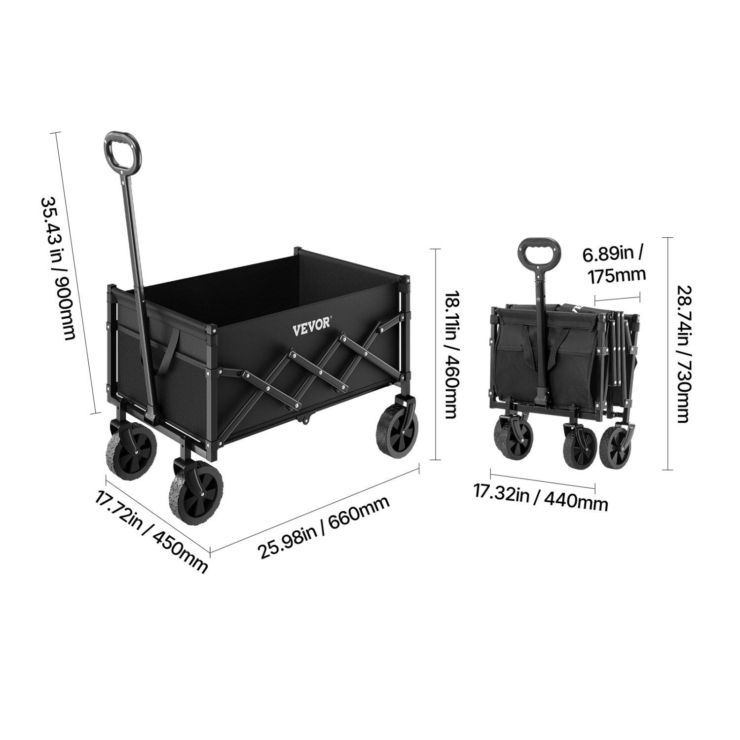 VEVOR 120L & 225LBS Folding Wagons with All-Terrain Wheels, Heavy Duty Outdoor Utility Cart with Adjustable Handle, Portable Camping Cart for Beach
