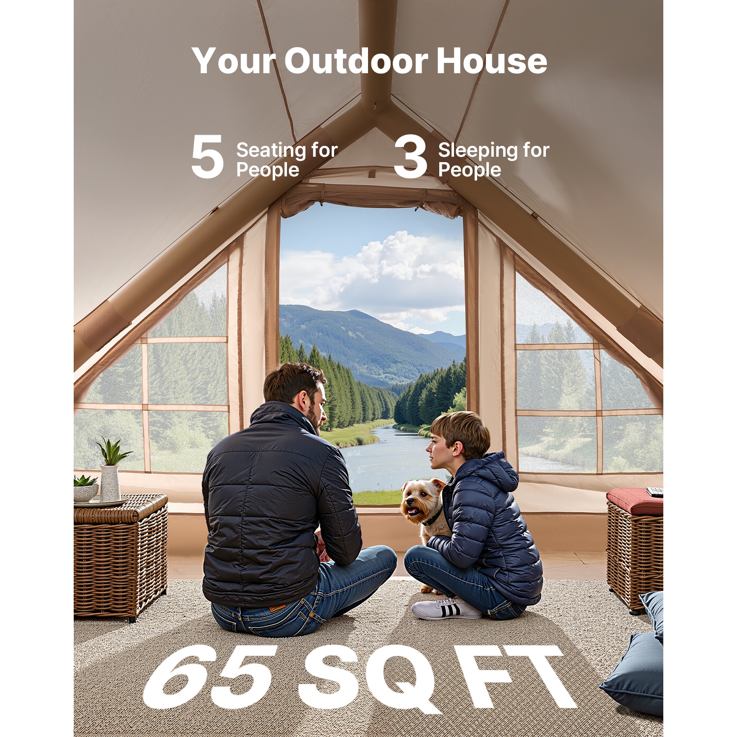 VEVOR 3-5 Person Inflatable Tents for Camping, Easy Setup Blow up Tent with Hand Pump, 300D Oxford 4 Season Glamping Tent with Canopy, Stove Jack, 2