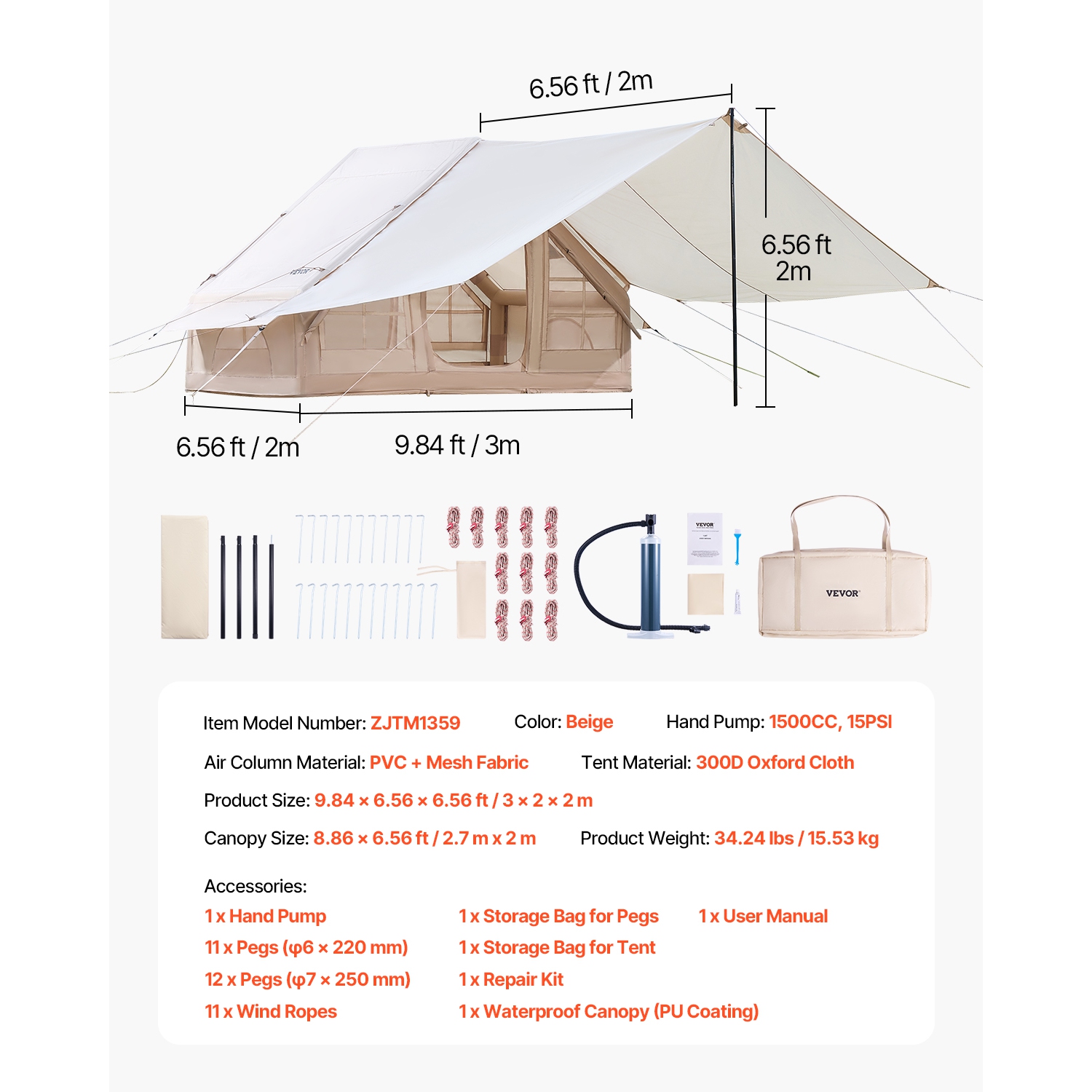 VEVOR 3-5 Person Inflatable Tents for Camping, Easy Setup Blow up Tent with Hand Pump, 300D Oxford 4 Season Glamping Tent with Canopy, Stove Jack, 2