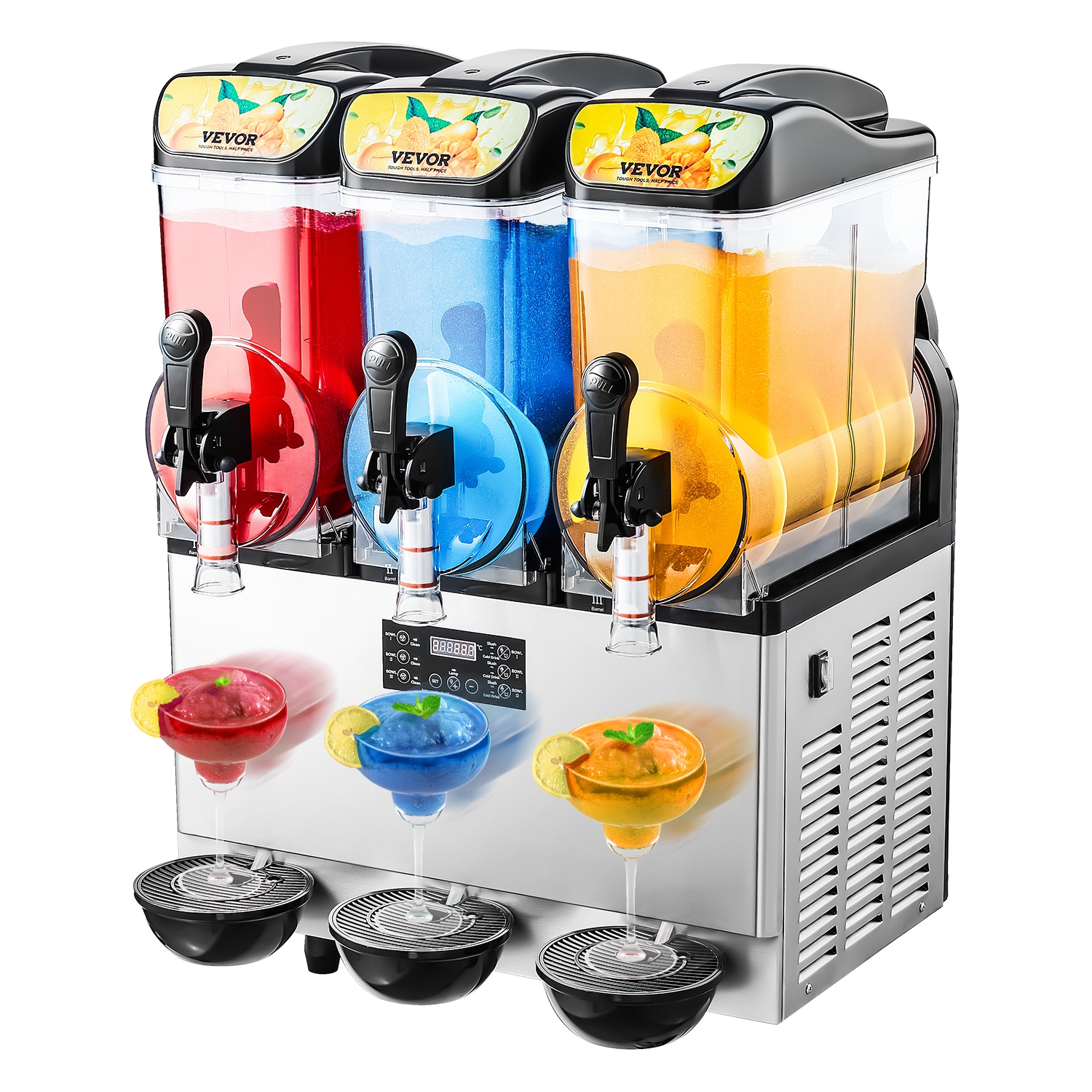 VEVOR 180 Cups Commercial Frozen Drink Maker, 15Lx3 Triple Tank Slushy Machine, Stainless Steel Margarita Smoothie Frozen Drink Machine, for Home
