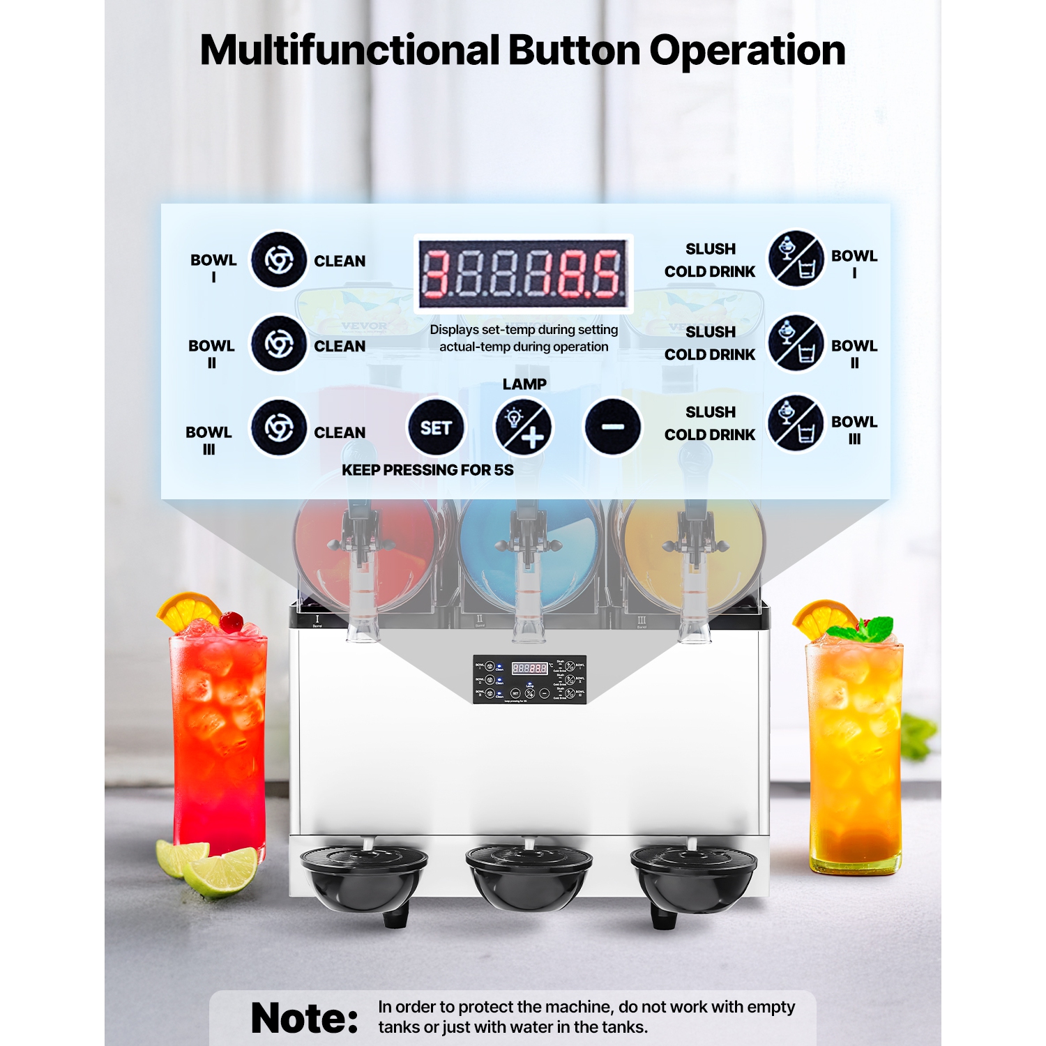 VEVOR 180 Cups Commercial Frozen Drink Maker, 15Lx3 Triple Tank Slushy Machine, Stainless Steel Margarita Smoothie Frozen Drink Machine, for Home