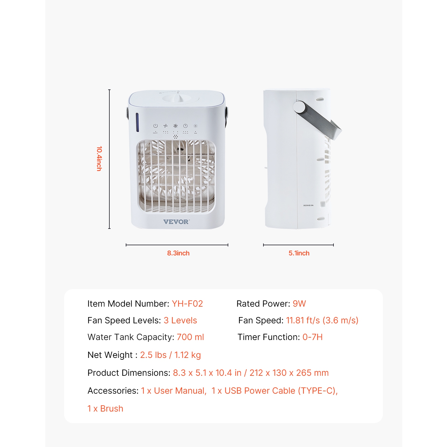 VEVOR 4-in-1 Portable Evaporative Air Cooler,3-Speed Mini Air Conditioner with 0-7H Smart Timer, 700ml Water Tank, 7-Color Light, Personal Mini Desk