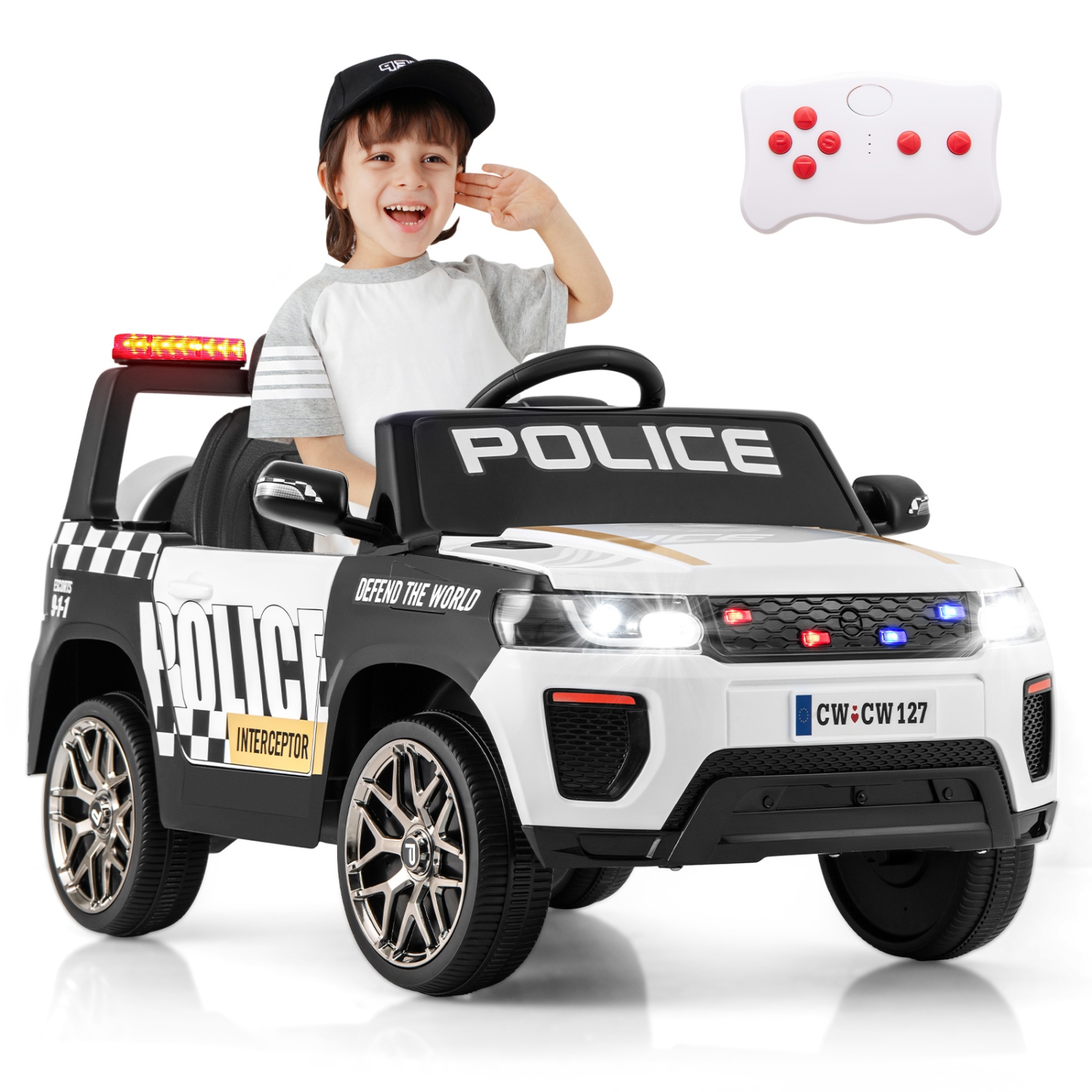 Honeyjoy Kids Ride on Police Car 12V 7A Battery Powered Cop Car with Remote Control Black/White