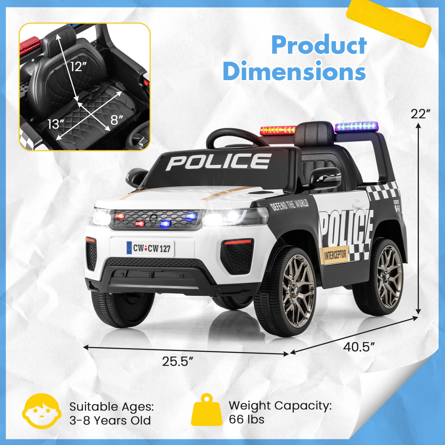Honeyjoy Kids Ride on Police Car 12V 7A Battery Powered Cop Car with Remote Control Black/White