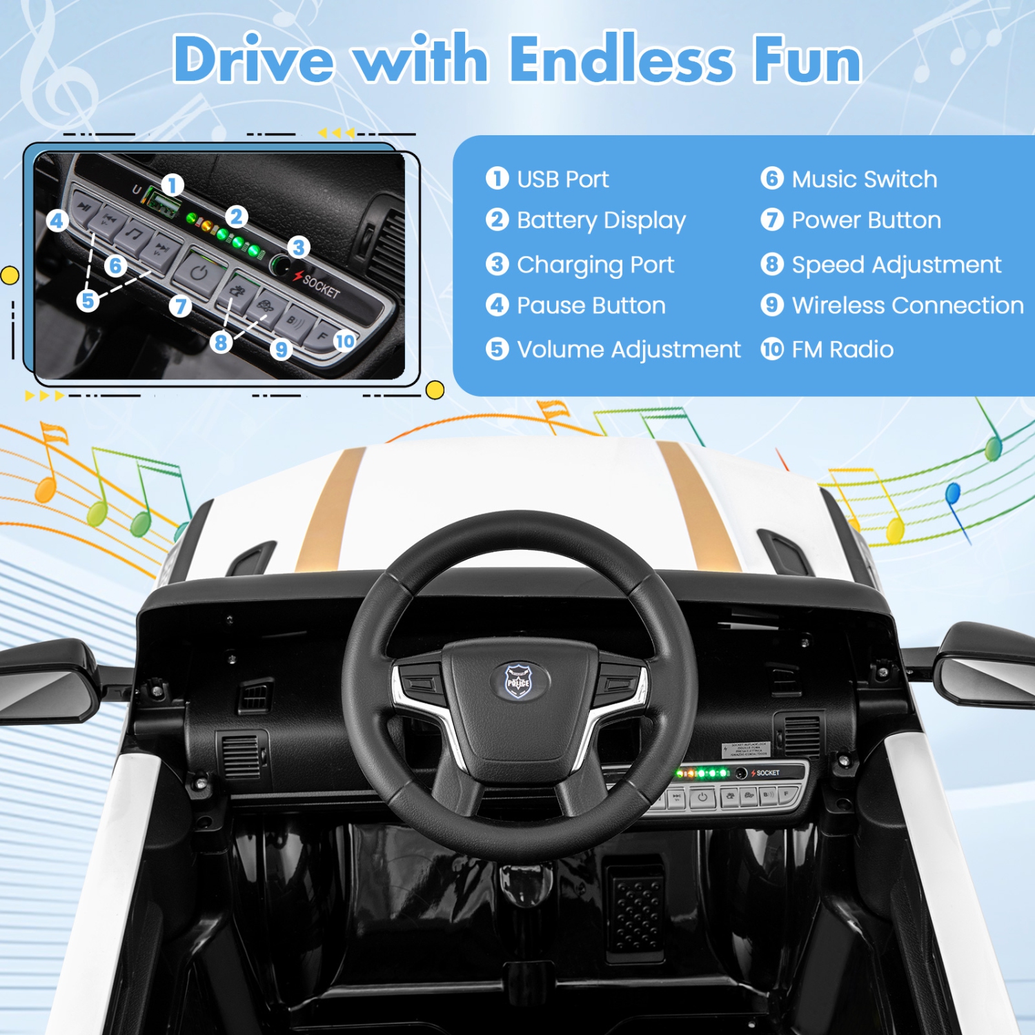 Honeyjoy Kids Ride on Police Car 12V 7A Battery Powered Cop Car with Remote Control Black/White