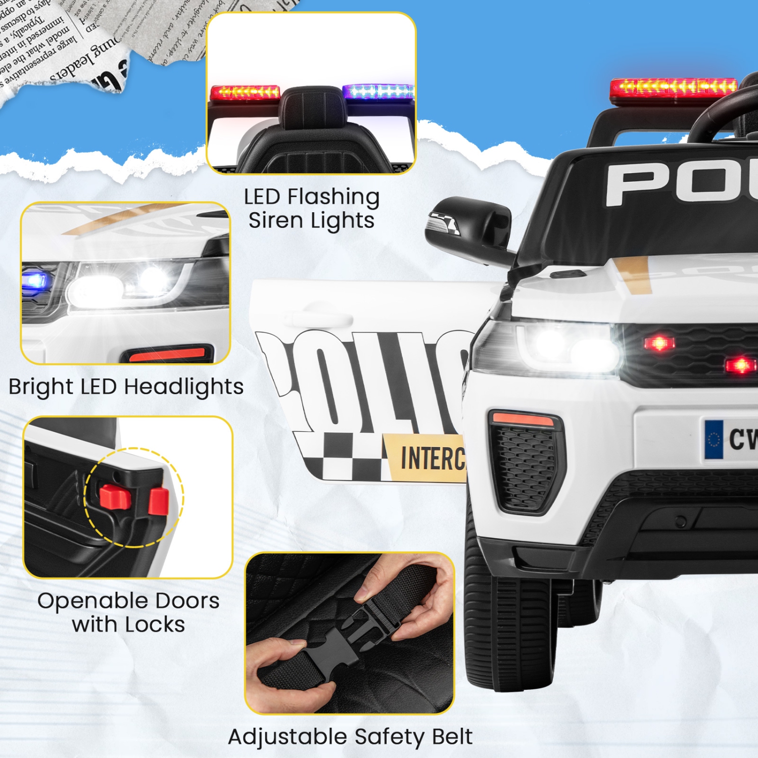 Honeyjoy Kids Ride on Police Car 12V 7A Battery Powered Cop Car with Remote Control Black/White