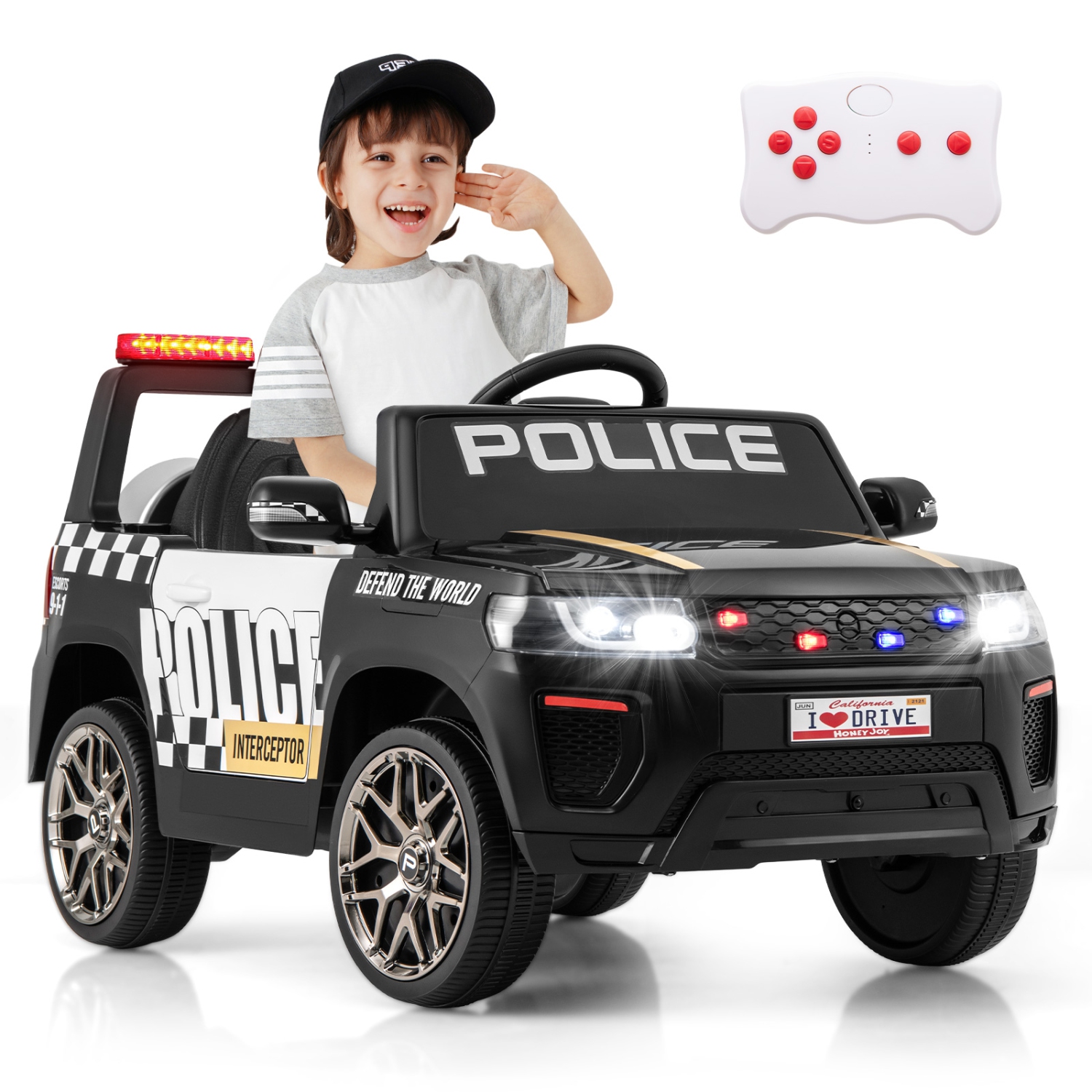 Honeyjoy Kids Ride on Police Car 12V 7A Battery Powered Cop Car with Remote Control Black/White