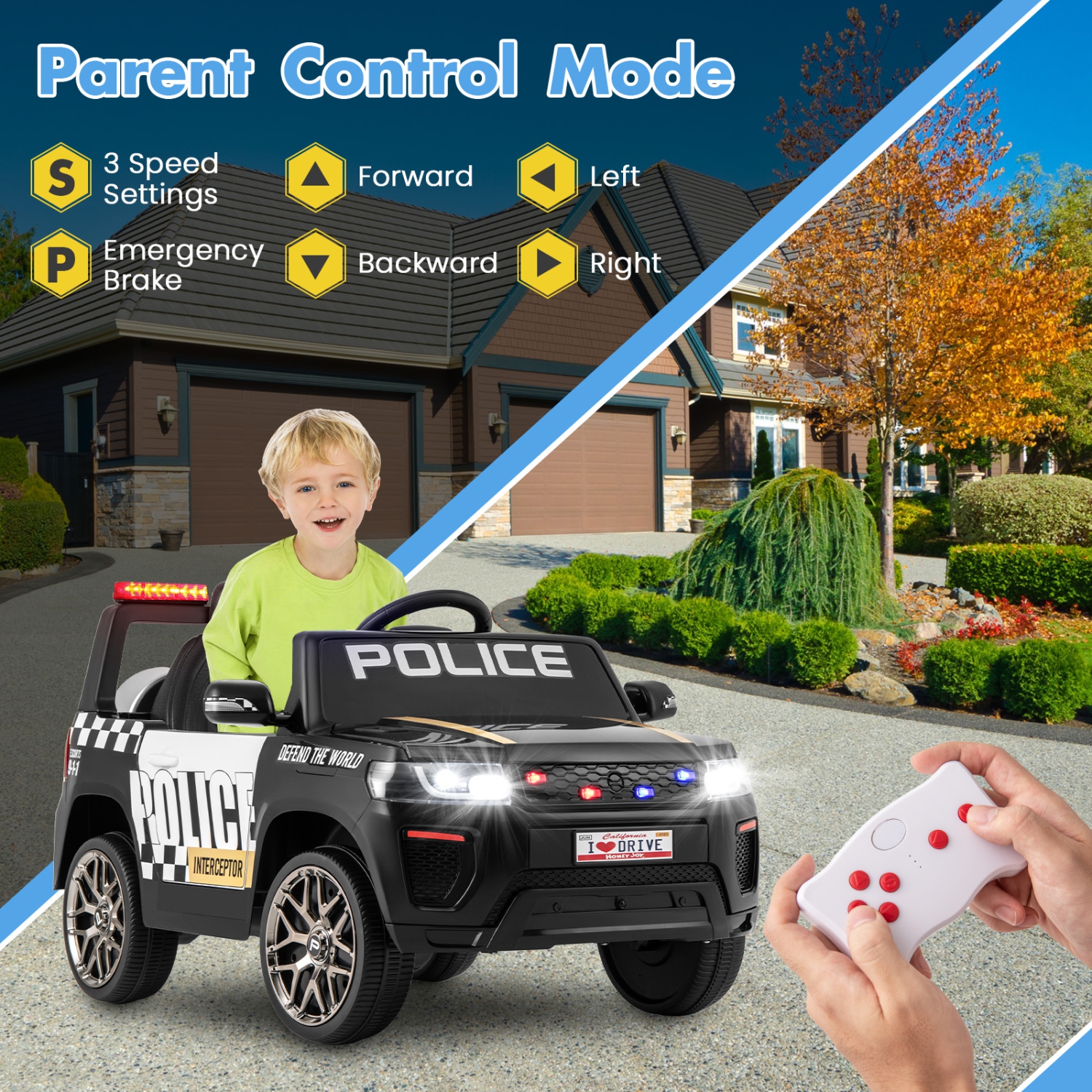 Honeyjoy Kids Ride on Police Car 12V 7A Battery Powered Cop Car with Remote Control Black/White