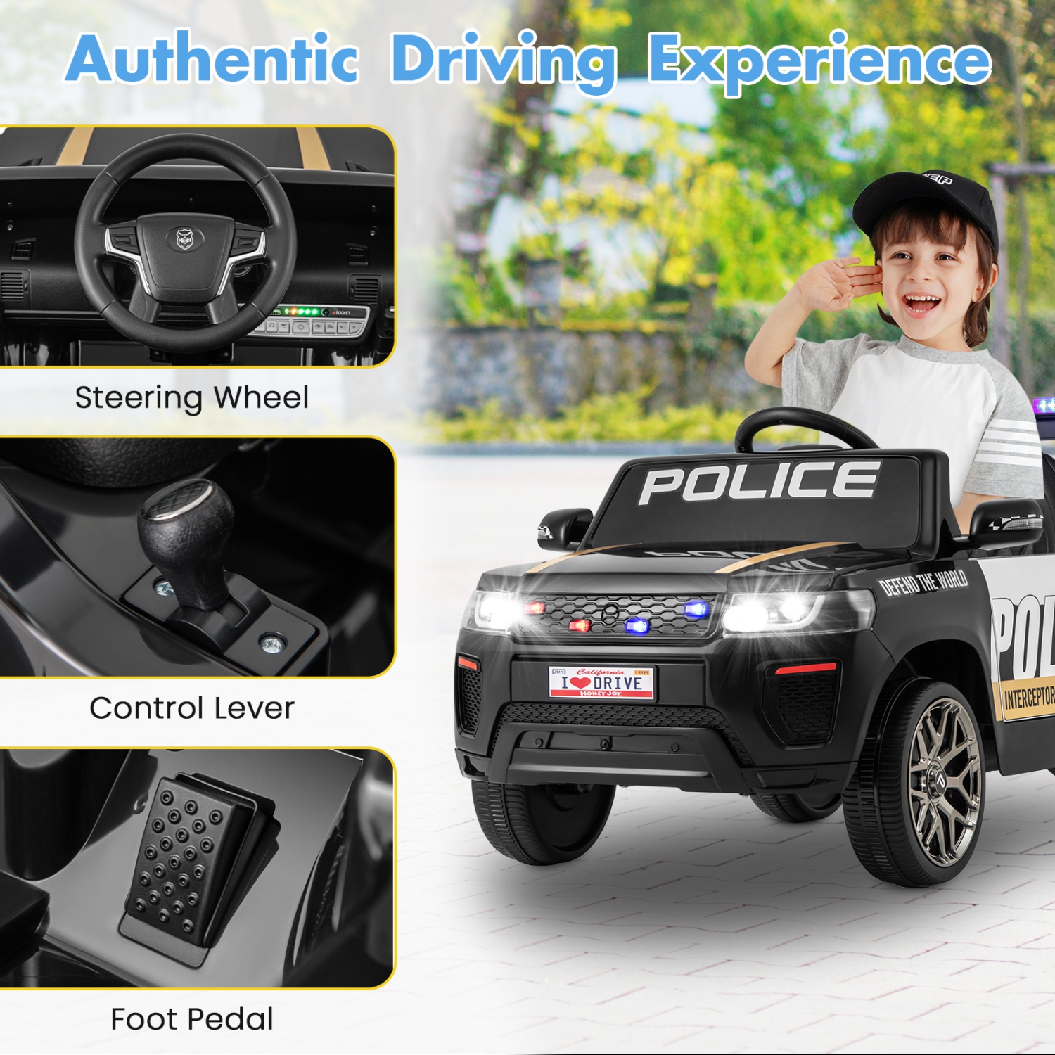 Honeyjoy Kids Ride on Police Car 12V 7A Battery Powered Cop Car with Remote Control Black/White