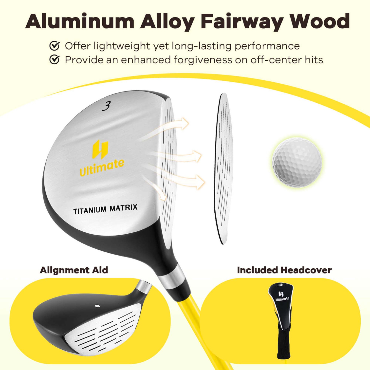 Ultimate Junior Golf Club Set for Children Includes 165CC #3 Fairway Wood & #7 Iron Green/Yellow