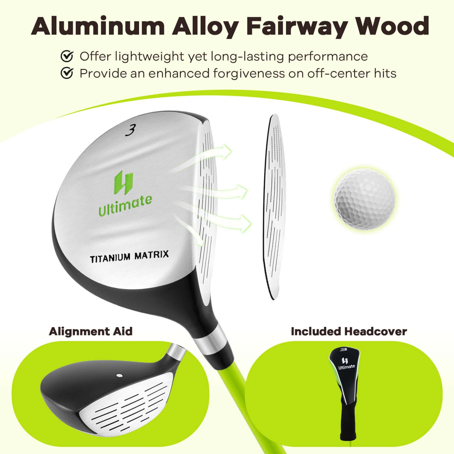 Ultimate Junior Golf Club Set for Children Includes 165CC #3 Fairway Wood & #7 Iron Green/Yellow
