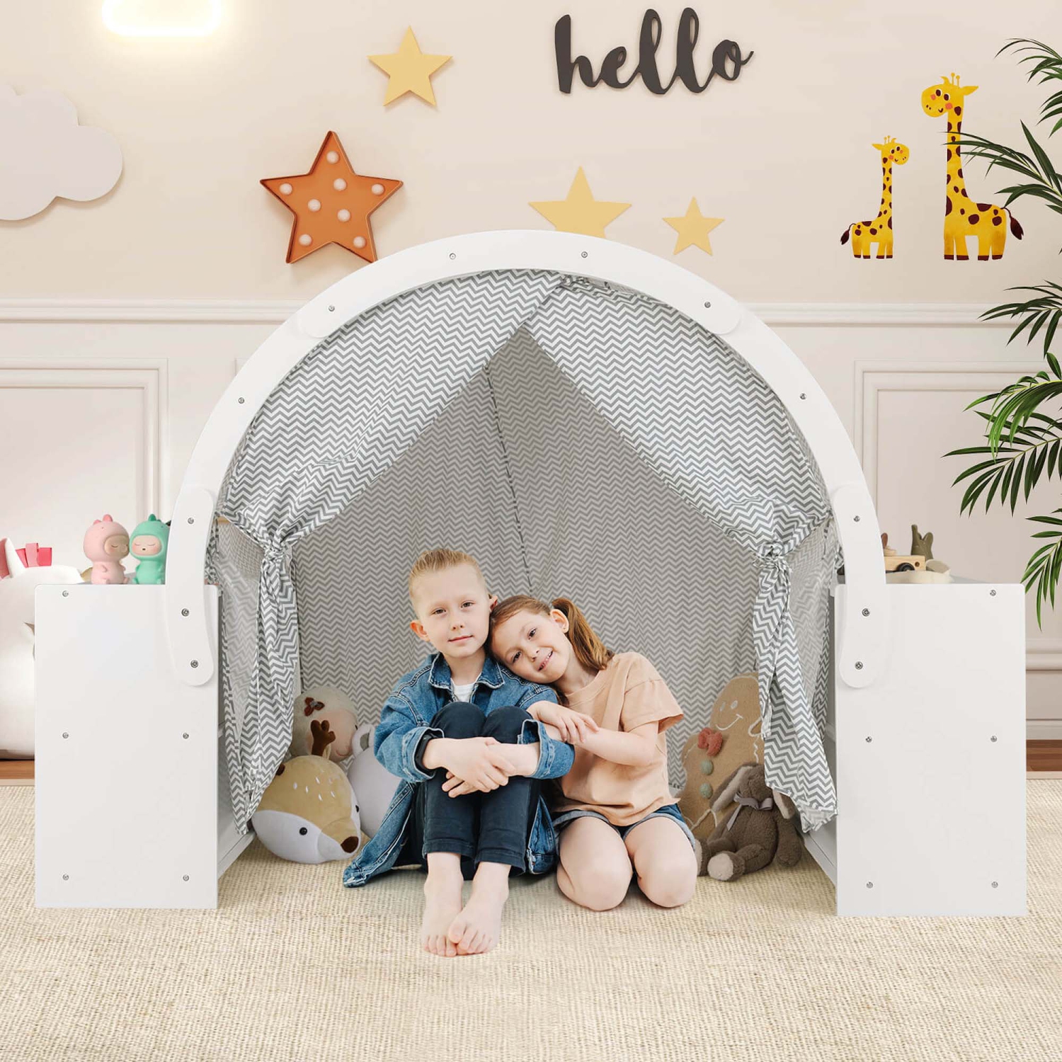 Costway Indoor Playhouse with Storage Wooden Kids Play Tent with Curtain Shades & 8 Cubbies