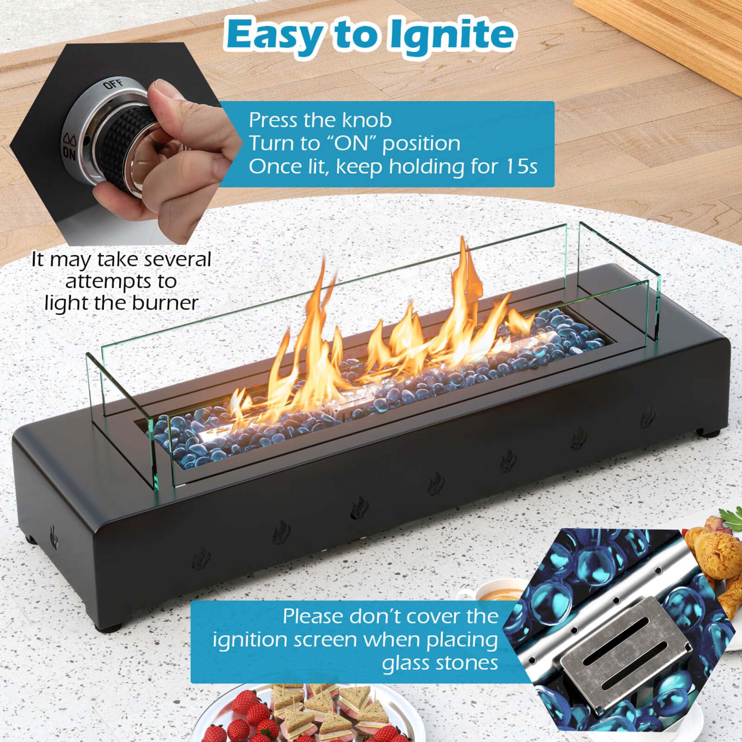 Costway 30" Tabletop Propane Fire Pit with Wind Guard Glass Rocks Stainless Steel Burner