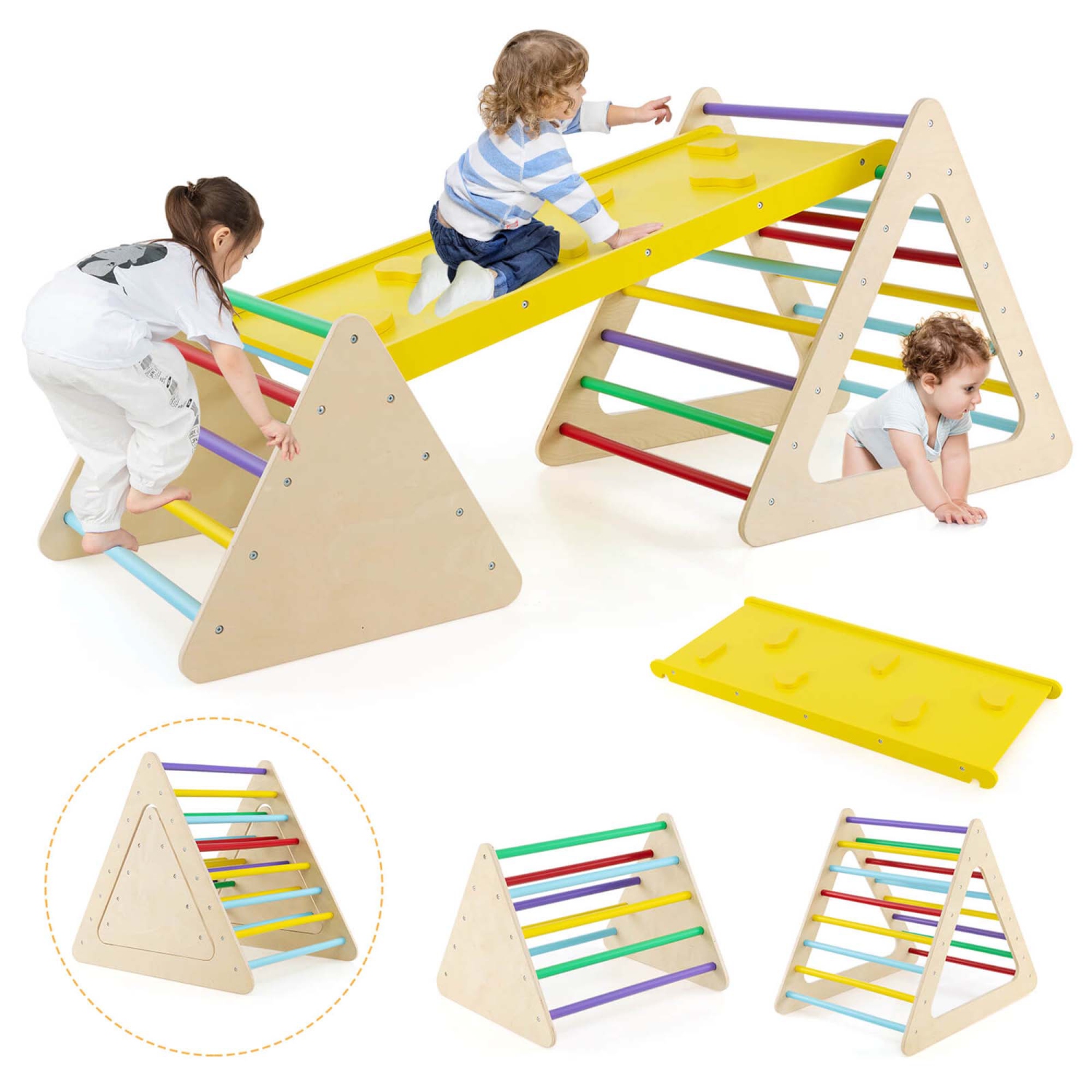 Costway 5 in 1 Montessori Triangle Set 3PCS Wooden Toddler Climbing Playset with Nesting Large