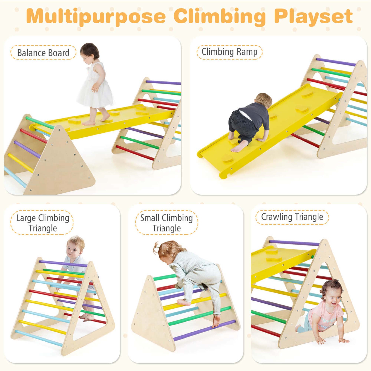 Costway 5 in 1 Montessori Triangle Set 3PCS Wooden Toddler Climbing Playset with Nesting Large