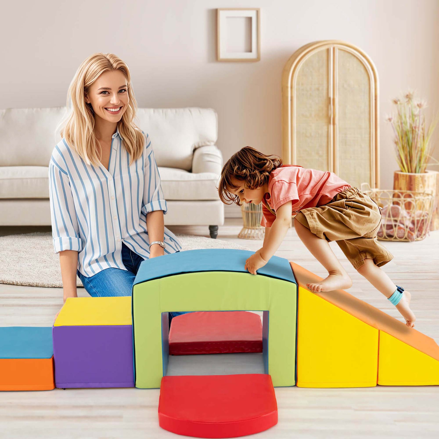 Costway 6 PCS Multi-color Climb and Crawl Activity Playset with Tunnel Slide Stairs & Ramp