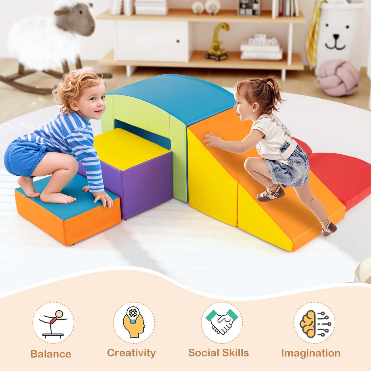 Costway 6 PCS Multi-color Climb and Crawl Activity Playset with Tunnel Slide Stairs & Ramp