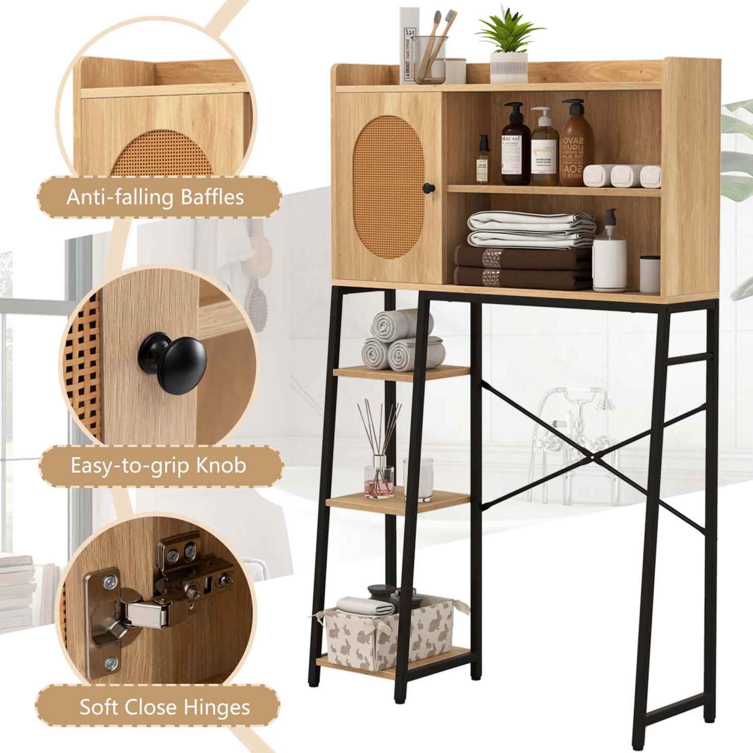 Armoire de rangement compacte pour toilette avec porte en rotin en polyéthylène de Costway