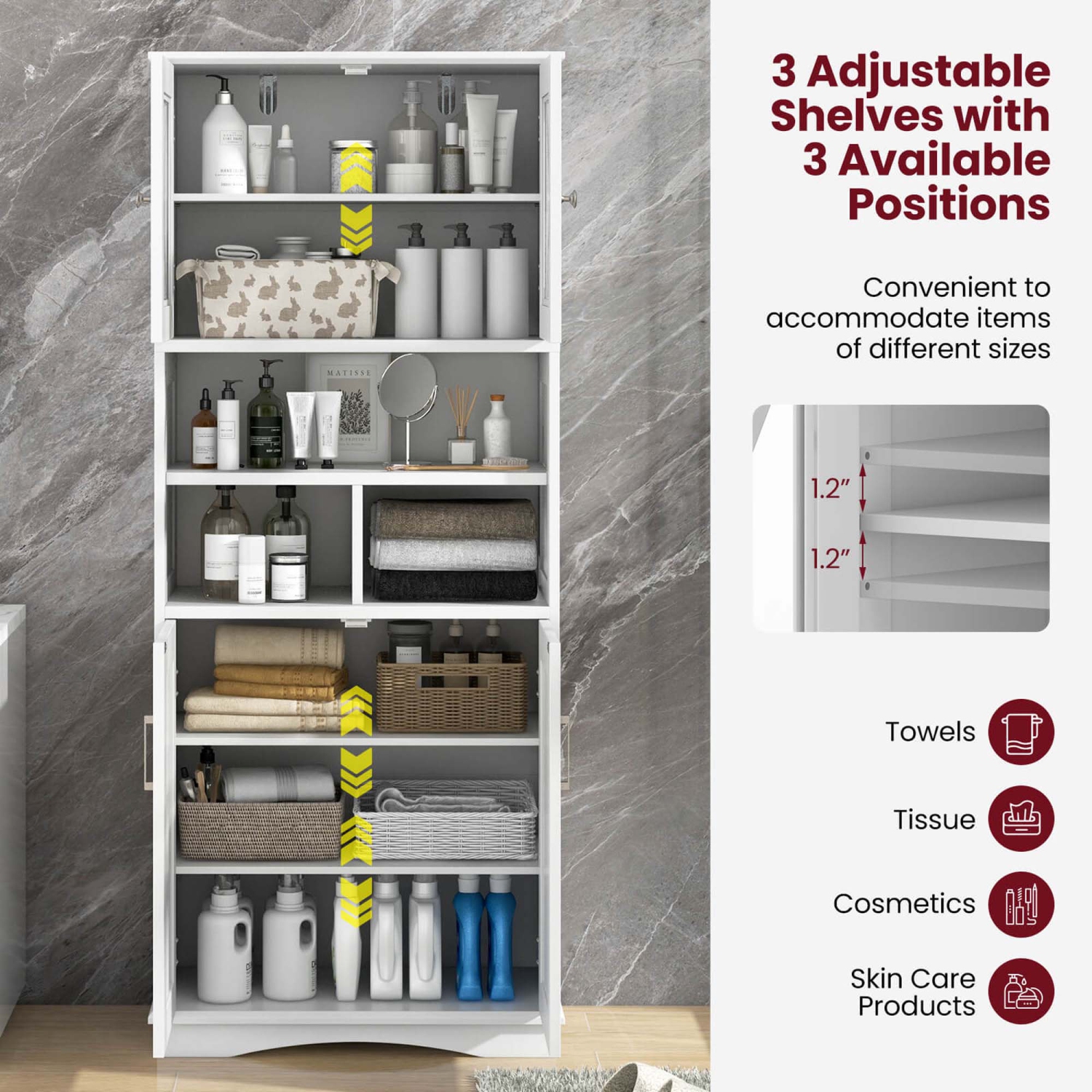 Costway Tall Bathroom Cabinet Large Floor Storage Cabinet with Acrylic Doors & 3 Cubes Black/Gray/White