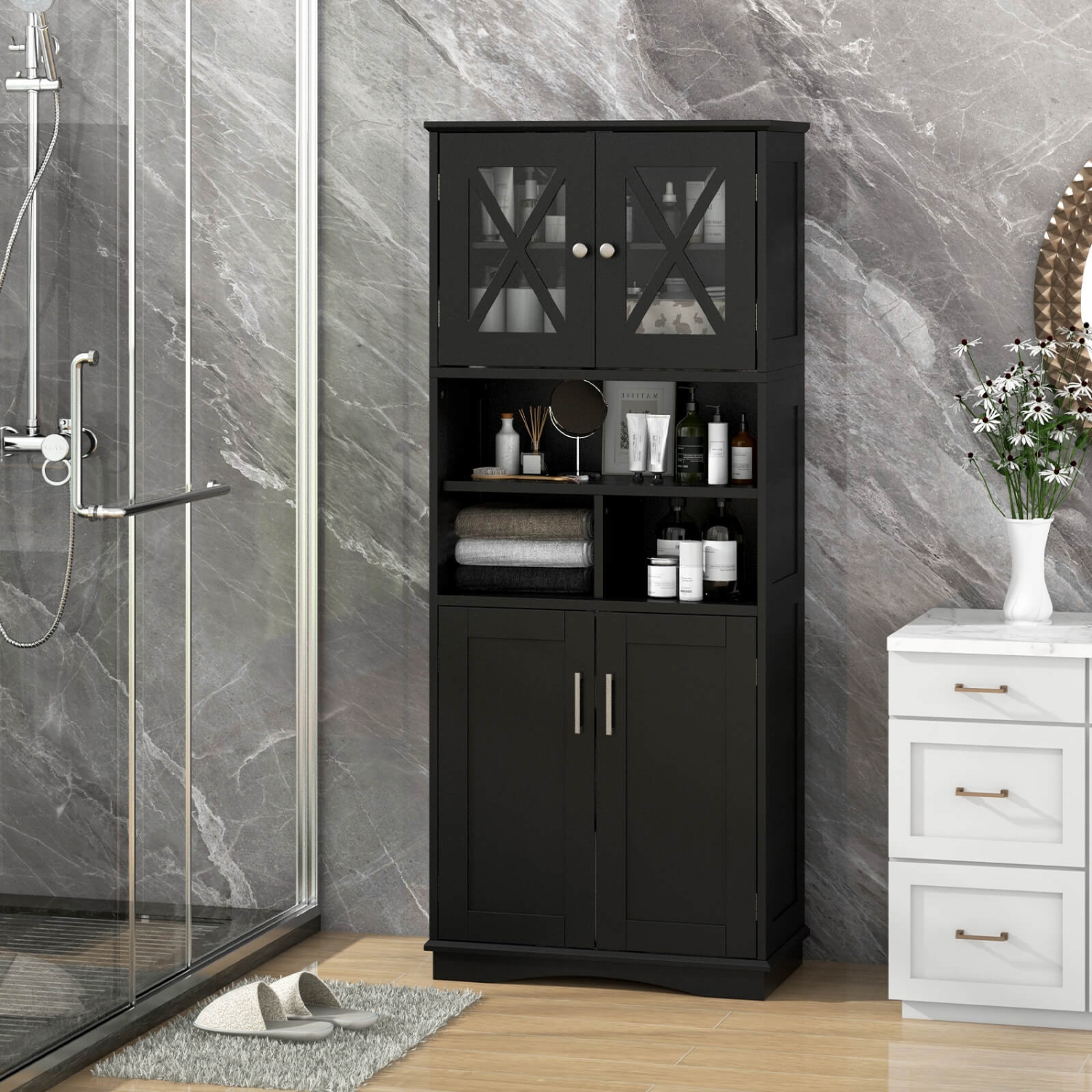 Costway Tall Bathroom Cabinet Large Floor Storage Cabinet with Acrylic Doors & 3 Cubes Black/Gray/White