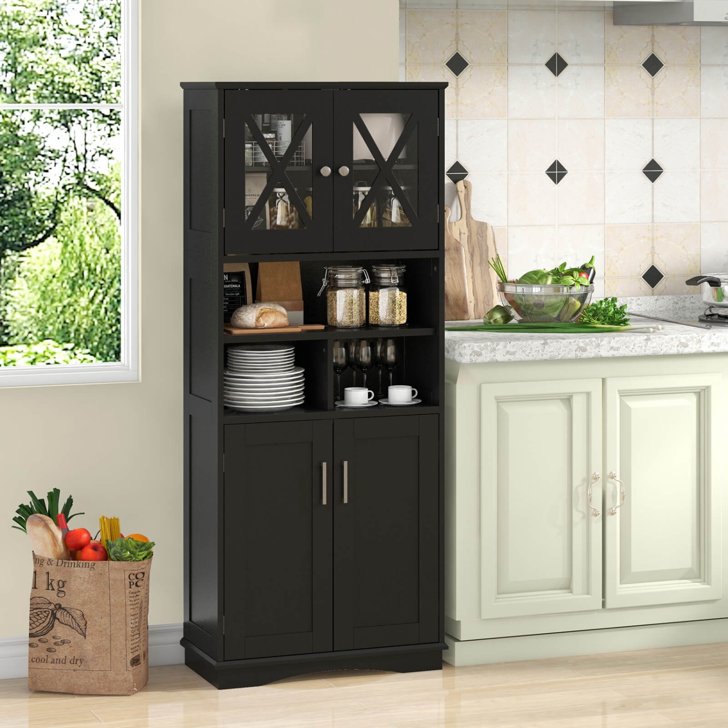 Costway Tall Bathroom Cabinet Large Floor Storage Cabinet with Acrylic Doors & 3 Cubes Black/Gray/White