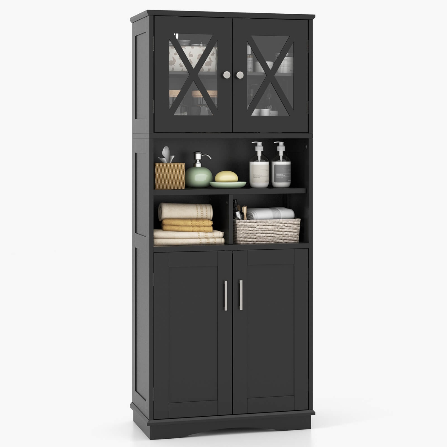 Costway Tall Bathroom Cabinet Large Floor Storage Cabinet with Acrylic Doors & 3 Cubes Black/Gray/White