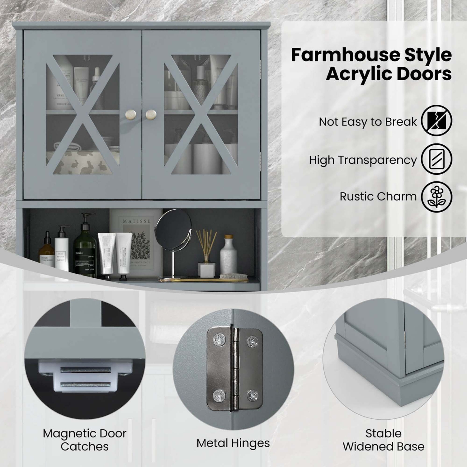 Grande armoire de salle de bain de Costway avec portes en acrylique et 3 cubes Noir/Gris/Blanc