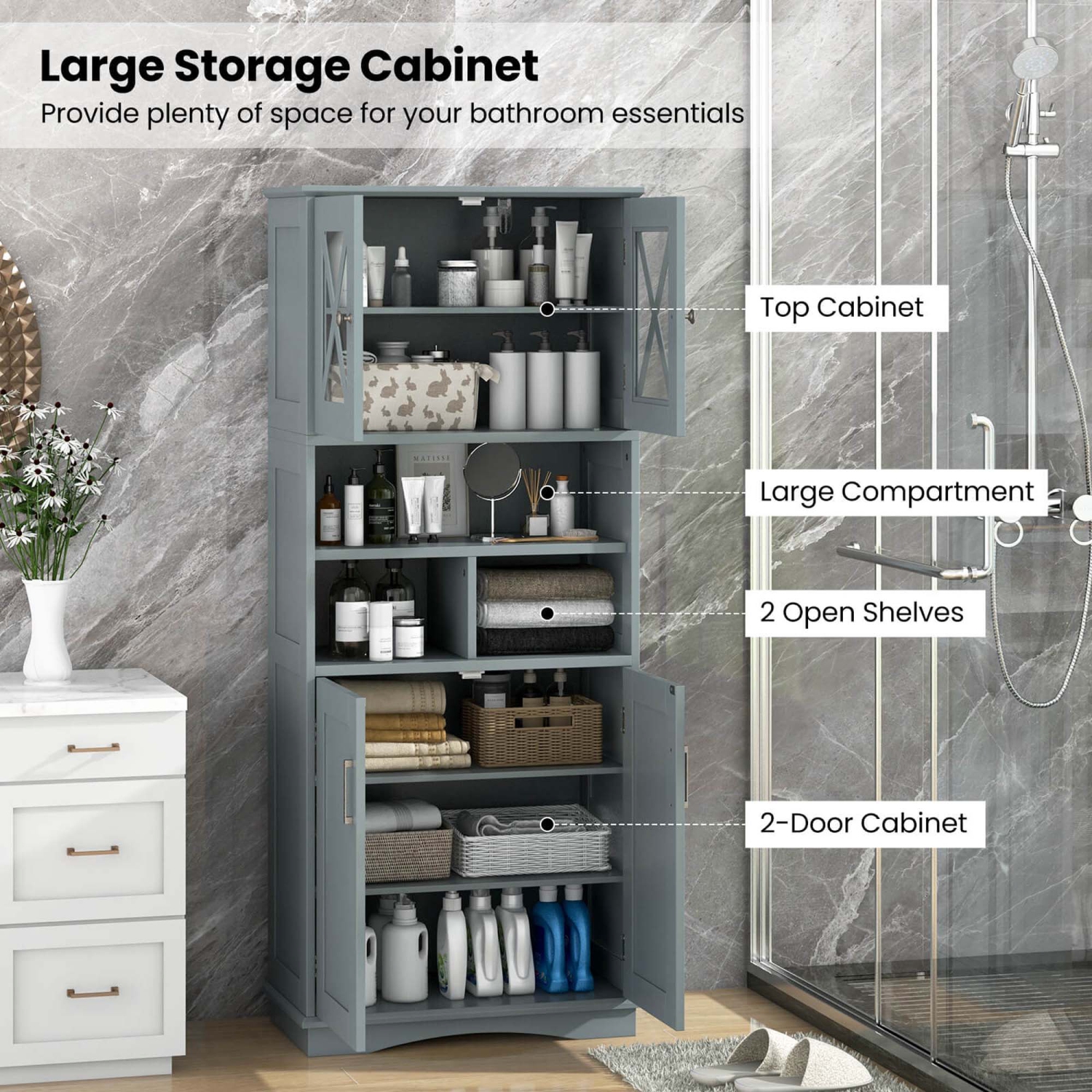 Grande armoire de salle de bain de Costway avec portes en acrylique et 3 cubes Noir/Gris/Blanc
