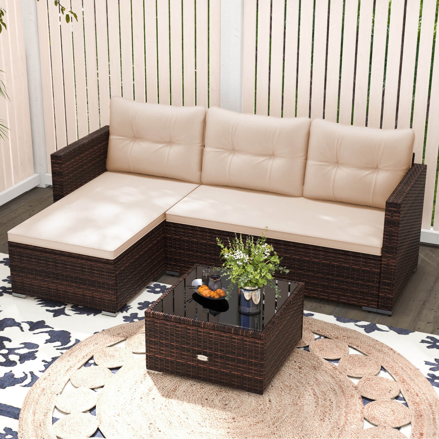Costway 4 Seats Outdoor Wicker Furniture Set with Tempered Glass Coffee Table & Soft Cushions