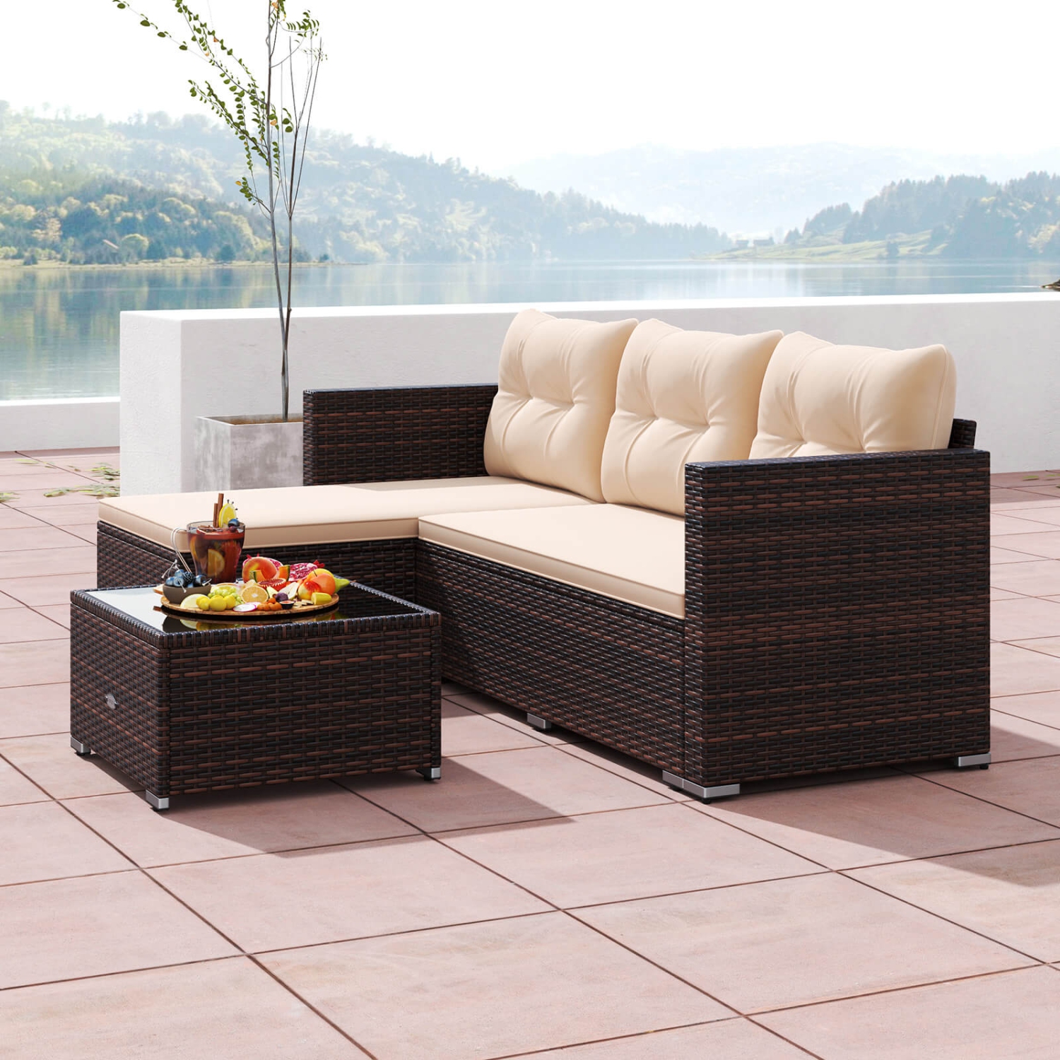 Costway 4 Seats Outdoor Wicker Furniture Set with Tempered Glass Coffee Table & Soft Cushions
