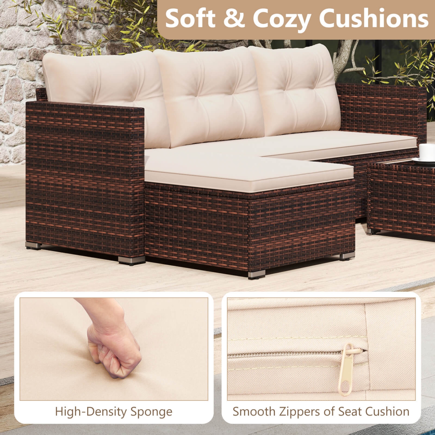Costway 4 Seats Outdoor Wicker Furniture Set with Tempered Glass Coffee Table & Soft Cushions