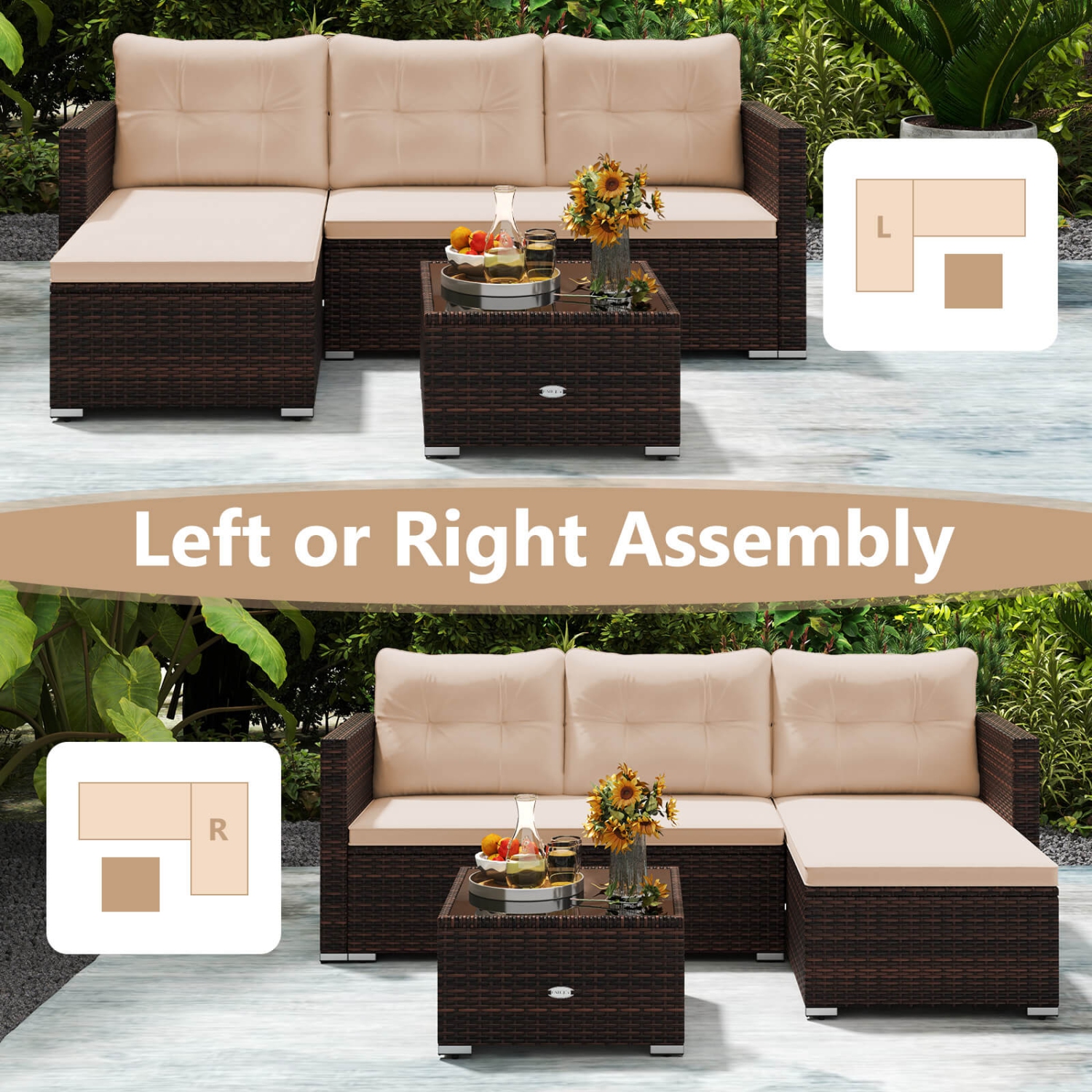 Costway 4 Seats Outdoor Wicker Furniture Set with Tempered Glass Coffee Table & Soft Cushions