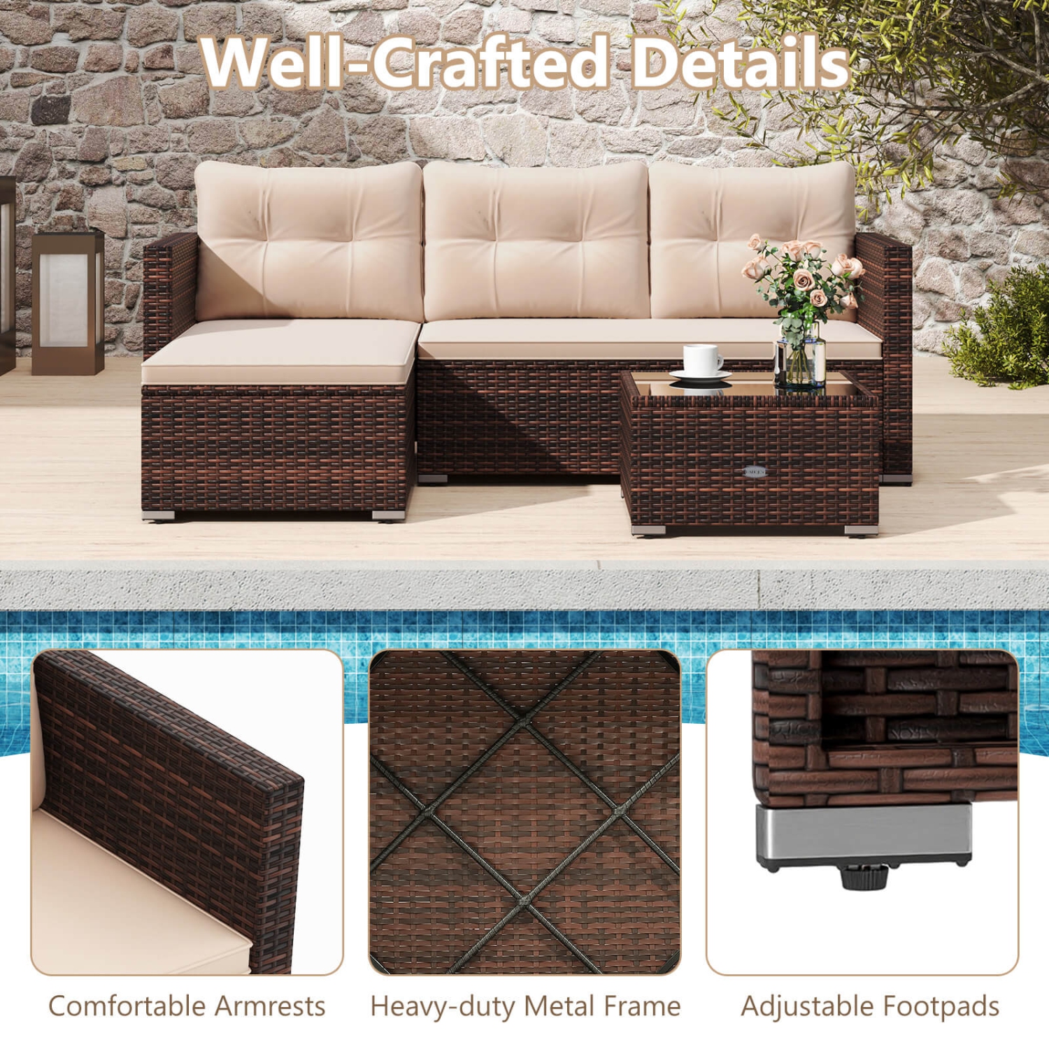 Costway 4 Seats Outdoor Wicker Furniture Set with Tempered Glass Coffee Table & Soft Cushions