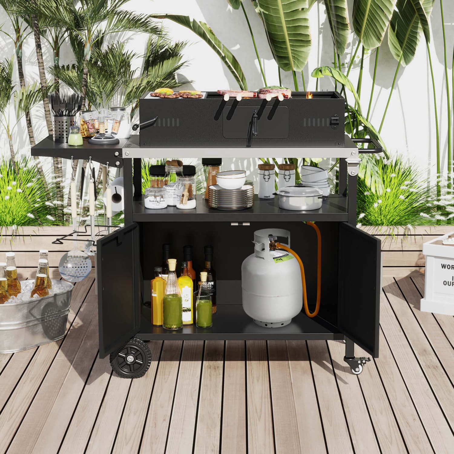 Chariot à barbecue avec espace de rangement de 33&nbsp;po pour îlot de cuisine extérieur avec surface pliable en acier inoxydable de Costway