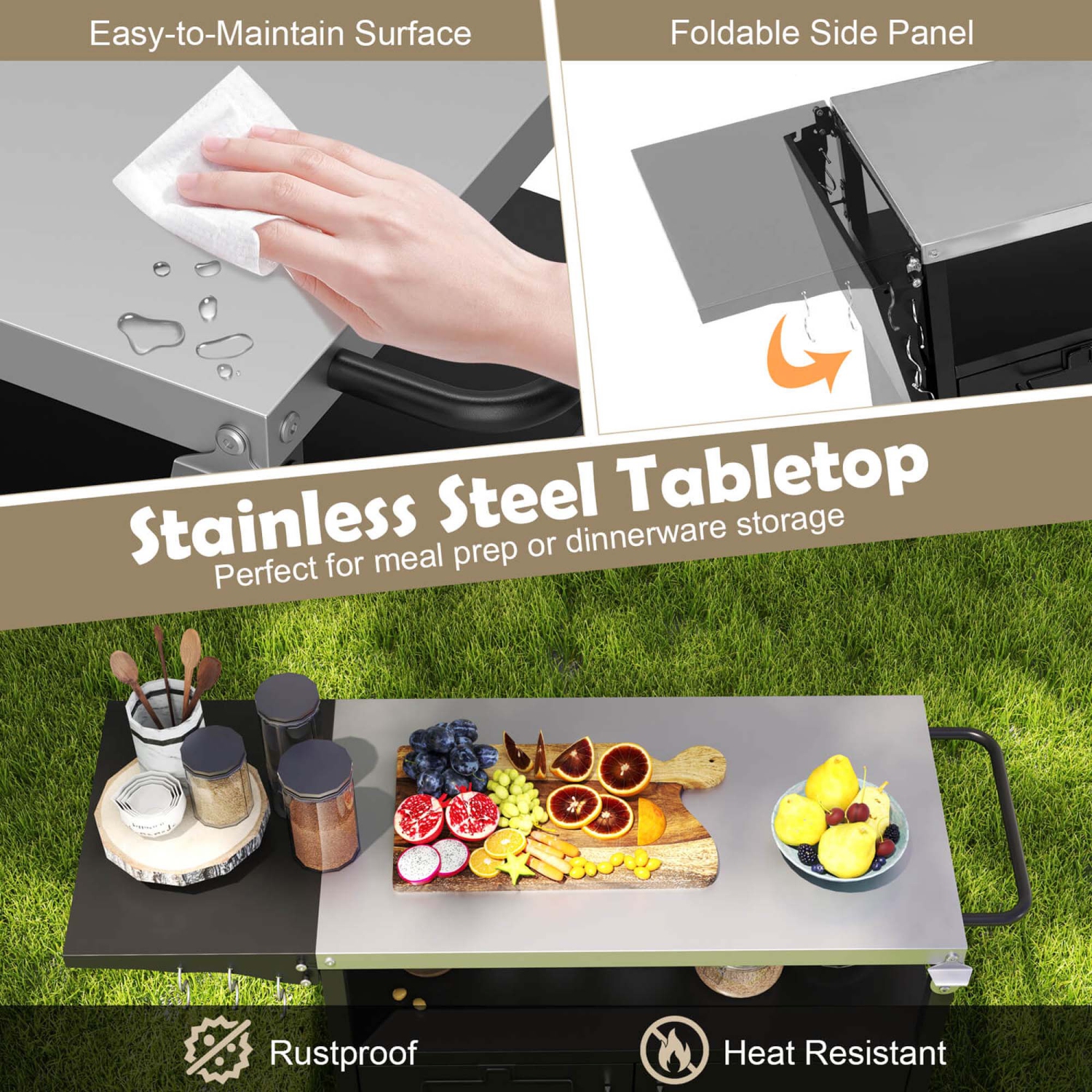 Chariot à barbecue avec espace de rangement de 33&nbsp;po pour îlot de cuisine extérieur avec surface pliable en acier inoxydable de Costway